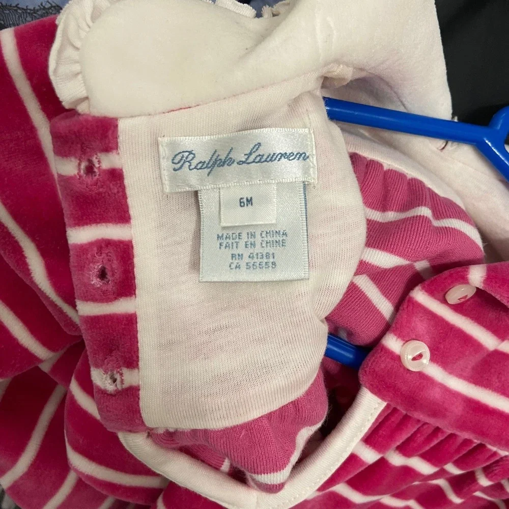 Ralph‎ Lauren 6 Mo. Hot Pink White Striped Velour One Piece Outfit White Collar